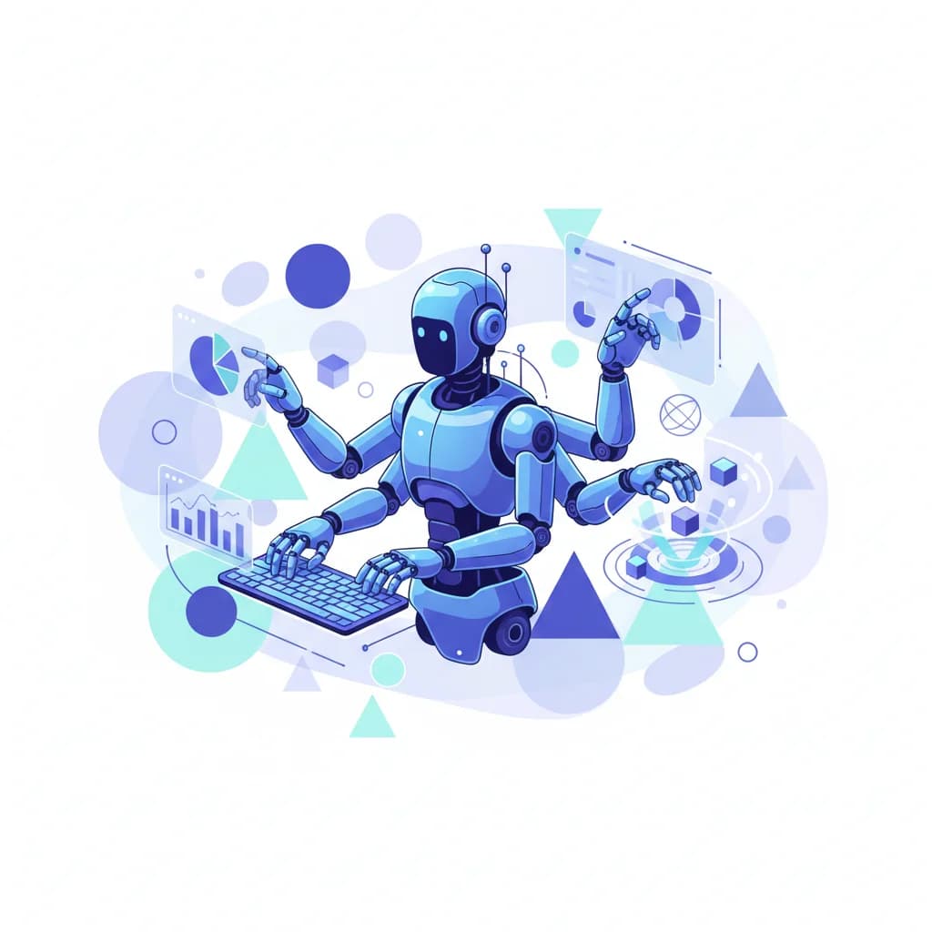 AI-agent robot som hanterar flera affärsuppgifter samtidigt med blå och lila färgschema