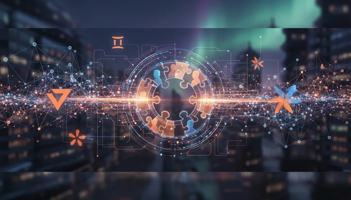 Illustration som visar AI och datahantering med Claude och Google Gemini i modern affärsmiljö