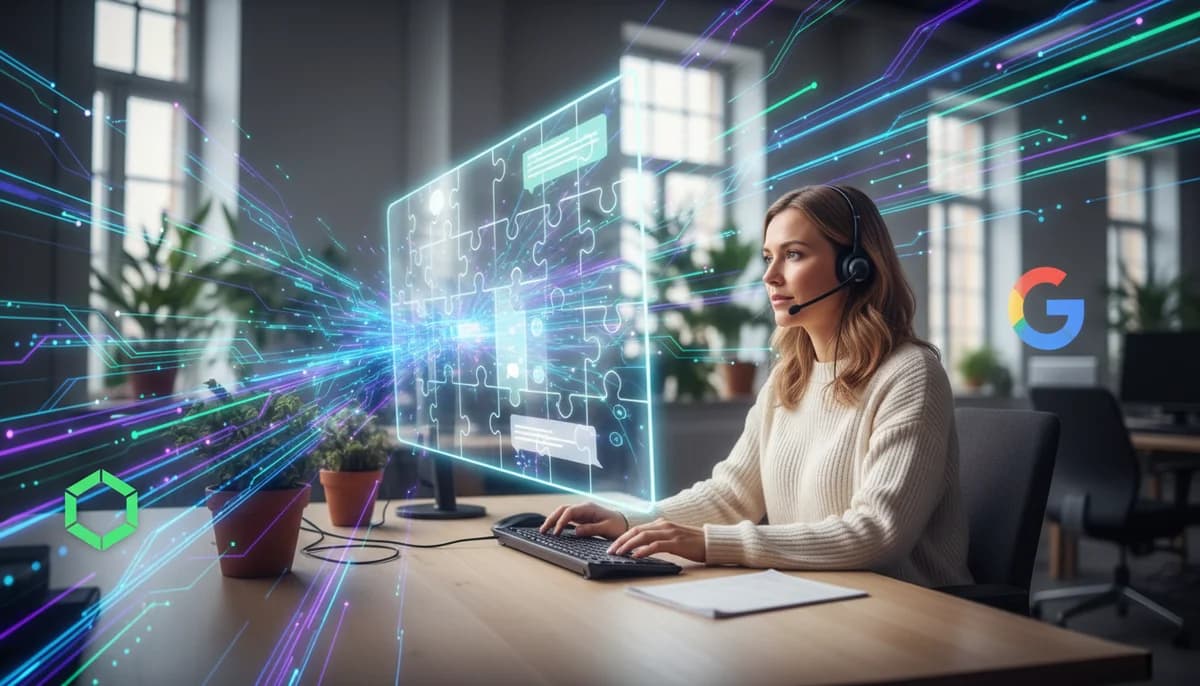 Illustration som visar AI och datahantering med OpenAI och Google i modern affärsmiljö